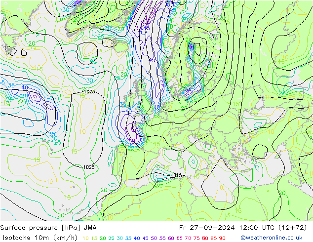 Isotachs (kph) JMA пт 27.09.2024 12 UTC