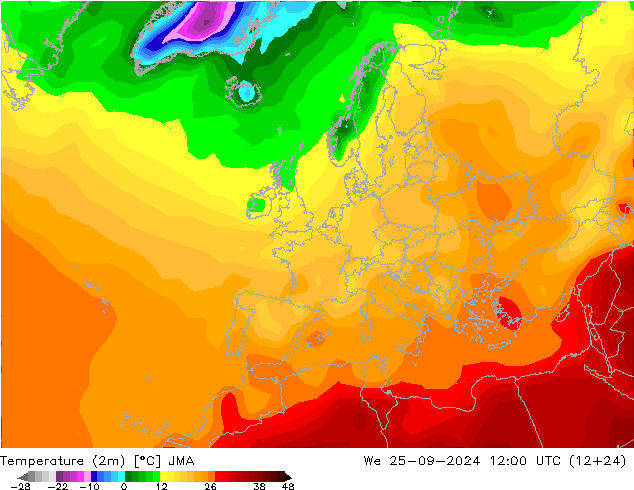 mapa temperatury (2m) JMA śro. 25.09.2024 12 UTC