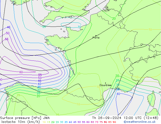 Isotachs (kph) JMA jeu 26.09.2024 12 UTC