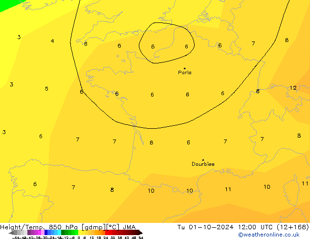 Height/Temp. 850 hPa JMA mar 01.10.2024 12 UTC