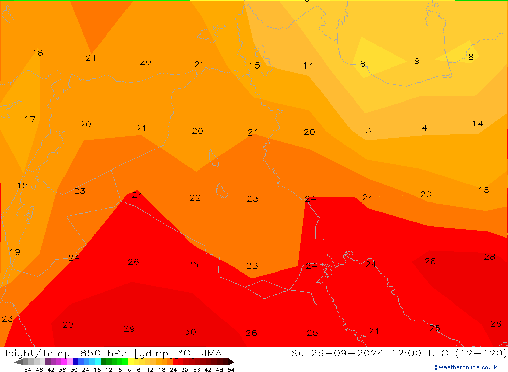 Geop./Temp. 850 hPa JMA dom 29.09.2024 12 UTC