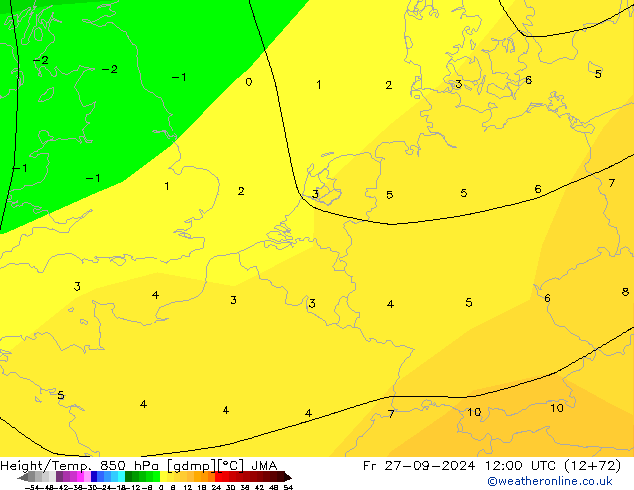 Hoogte/Temp. 850 hPa JMA vr 27.09.2024 12 UTC