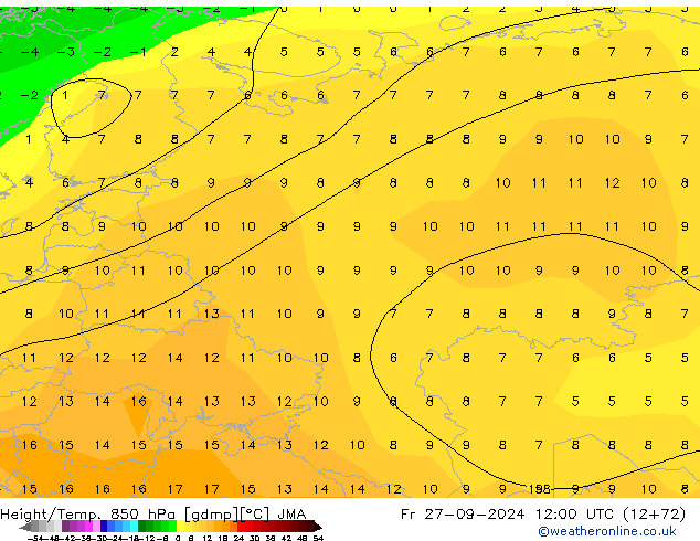 Geop./Temp. 850 hPa JMA vie 27.09.2024 12 UTC