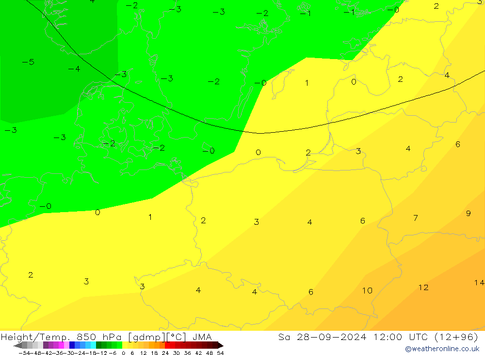 Height/Temp. 850 hPa JMA Sa 28.09.2024 12 UTC