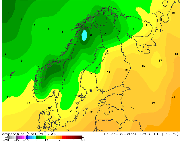 Temperaturkarte (2m) JMA Fr 27.09.2024 12 UTC