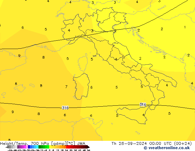 Height/Temp. 700 hPa JMA Th 26.09.2024 00 UTC