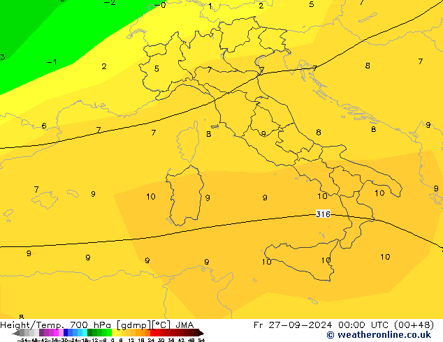 Hoogte/Temp. 700 hPa JMA vr 27.09.2024 00 UTC