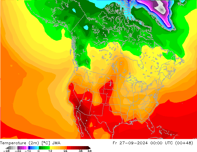 Temperatuurkaart (2m) JMA vr 27.09.2024 00 UTC