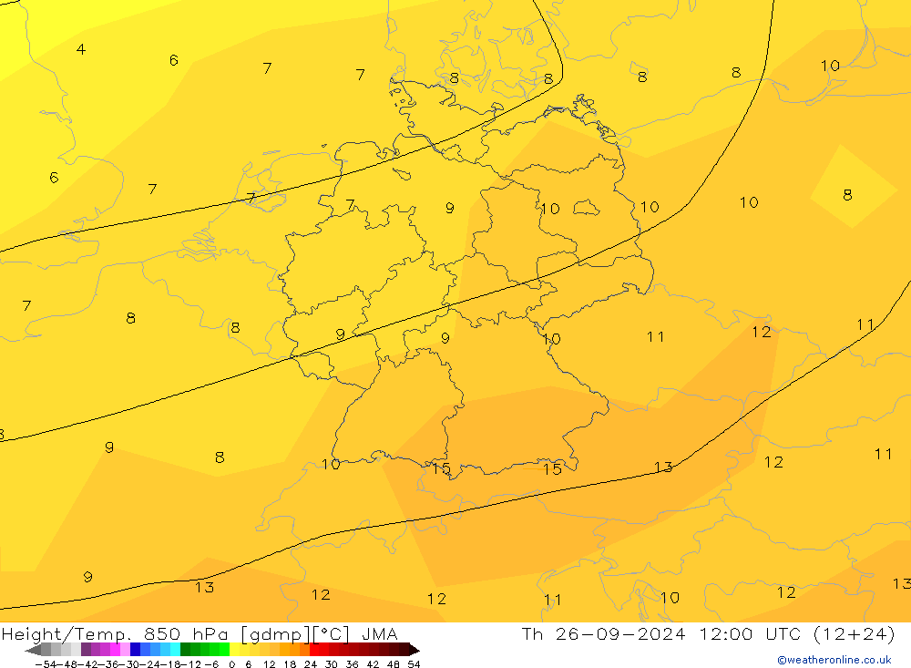 Hoogte/Temp. 850 hPa JMA do 26.09.2024 12 UTC