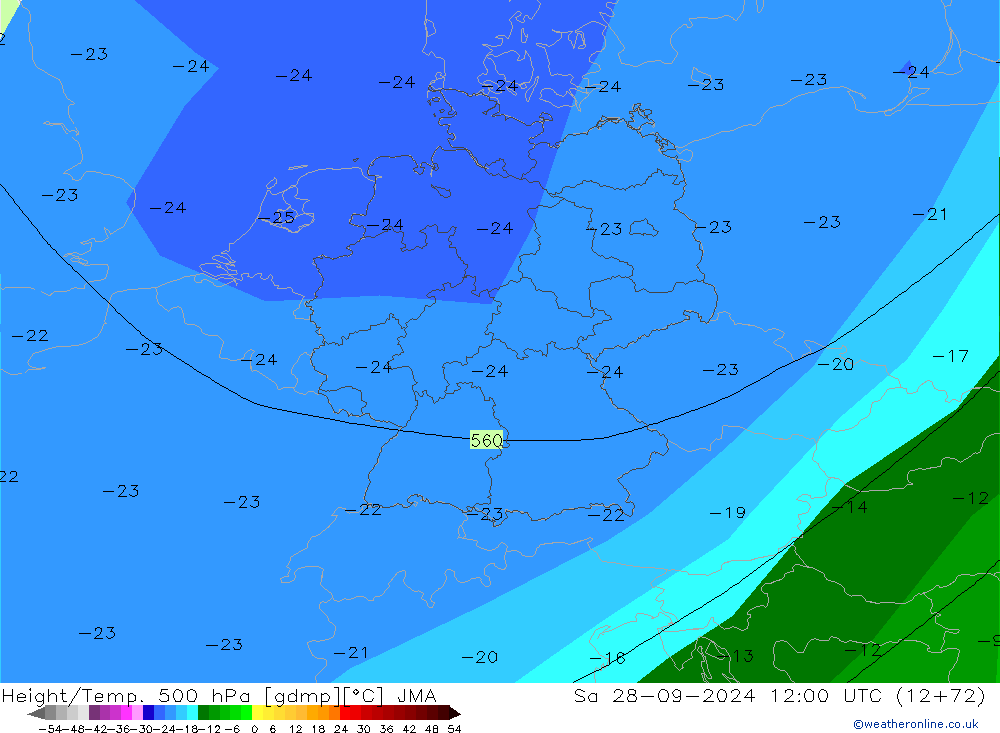 Height/Temp. 500 hPa JMA so. 28.09.2024 12 UTC