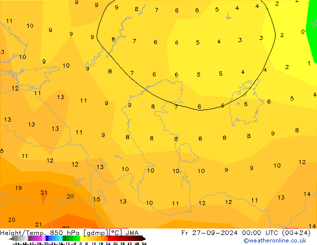 Geop./Temp. 850 hPa JMA vie 27.09.2024 00 UTC