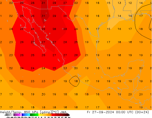 Height/Temp. 850 hPa JMA Pá 27.09.2024 00 UTC