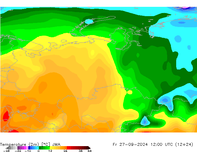 Temperaturkarte (2m) JMA Fr 27.09.2024 12 UTC