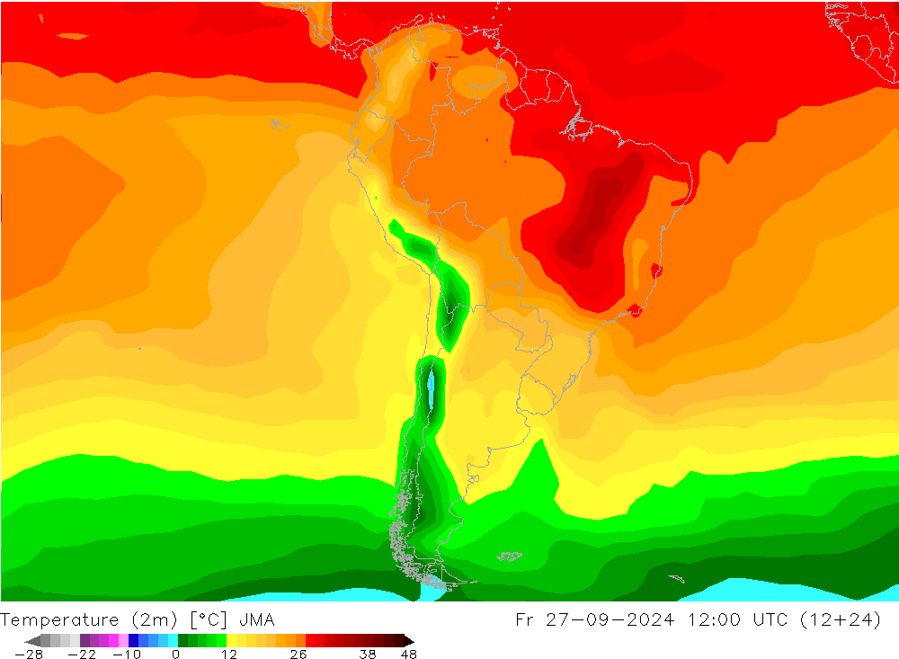 Temperatuurkaart (2m) JMA vr 27.09.2024 12 UTC