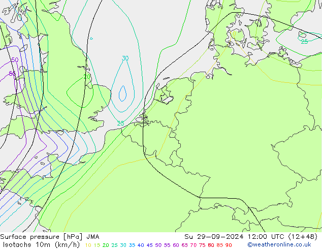 Isotachen (km/h) JMA zo 29.09.2024 12 UTC