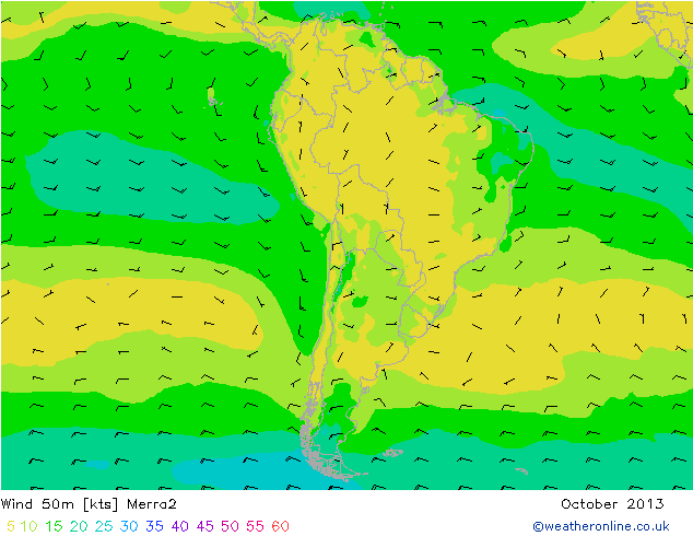 Vent 50 m Merra2 octobre 2013