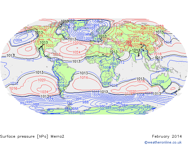 Atmosférický tlak Merra2 Únor 2014