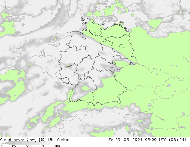 Cloud cover (low) UK-Global Fr 29.03.2024 06 UTC