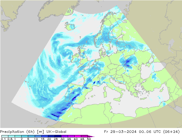 Precipitation (6h) UK-Global Pá 29.03.2024 06 UTC