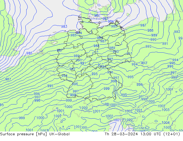 Pressione al suolo UK-Global gio 28.03.2024 13 UTC
