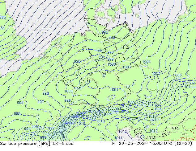 Pressione al suolo UK-Global ven 29.03.2024 15 UTC