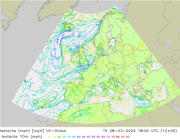Isotachs (mph) UK-Global gio 28.03.2024 18 UTC