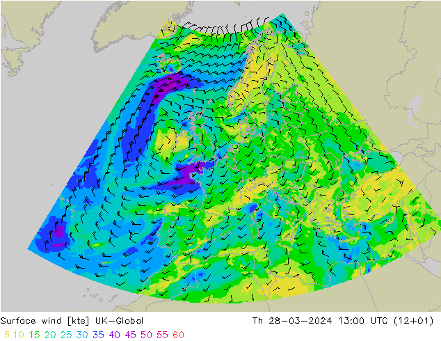 Surface wind UK-Global Th 28.03.2024 13 UTC