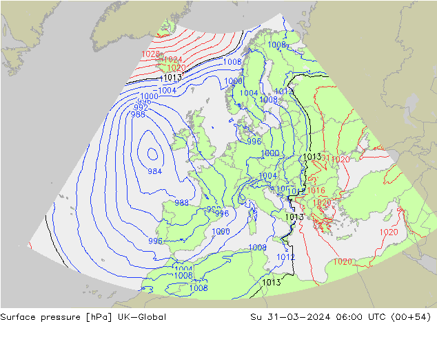 Surface pressure UK-Global Su 31.03.2024 06 UTC