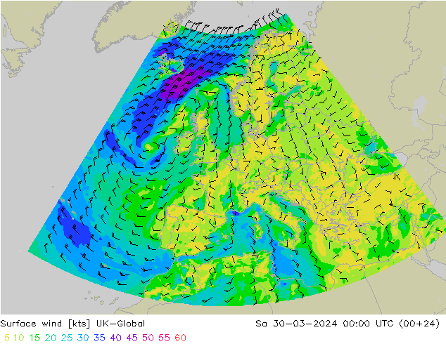 Surface wind UK-Global Sa 30.03.2024 00 UTC