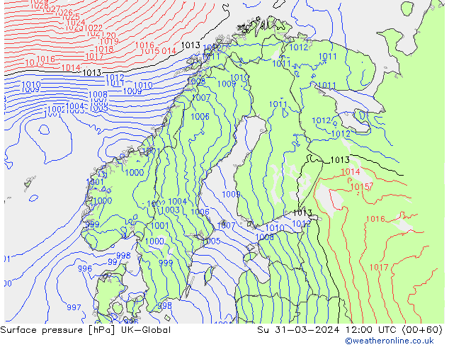 Surface pressure UK-Global Su 31.03.2024 12 UTC