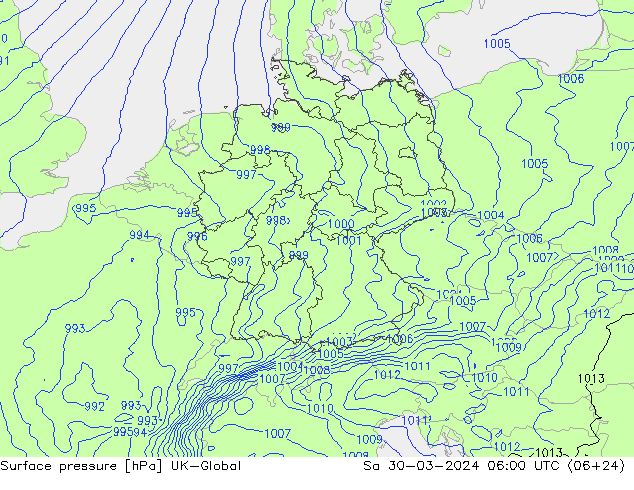 Atmosférický tlak UK-Global So 30.03.2024 06 UTC