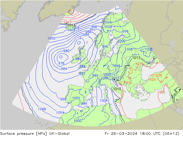 Pressione al suolo UK-Global ven 29.03.2024 18 UTC
