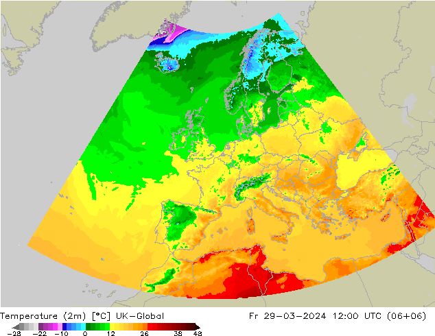 Temperature (2m) UK-Global Fr 29.03.2024 12 UTC