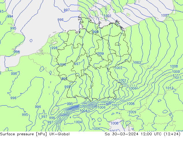 Surface pressure UK-Global Sa 30.03.2024 12 UTC
