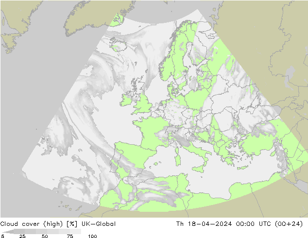 Cloud cover (high) UK-Global Th 18.04.2024 00 UTC