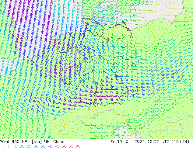Wind 850 hPa UK-Global Fr 19.04.2024 18 UTC