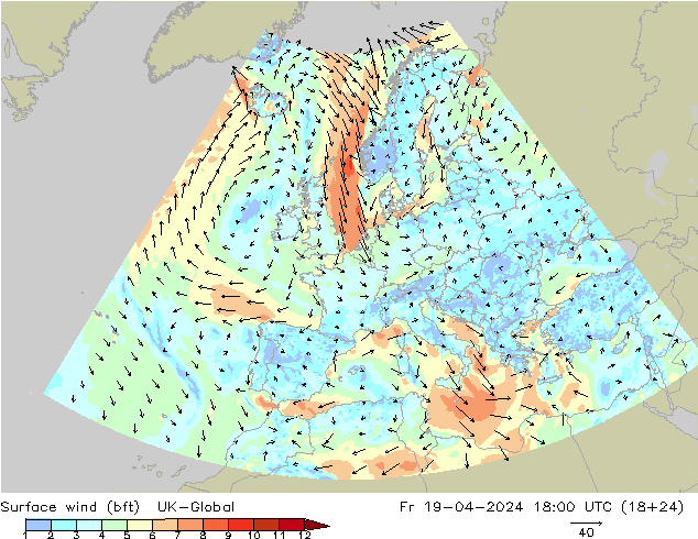 Surface wind (bft) UK-Global Pá 19.04.2024 18 UTC