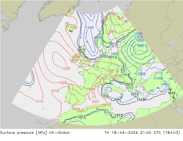 Surface pressure UK-Global Th 18.04.2024 21 UTC