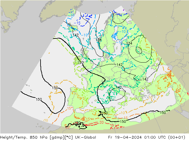 Height/Temp. 850 hPa UK-Global Fr 19.04.2024 01 UTC