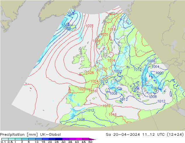 Precipitazione UK-Global sab 20.04.2024 12 UTC