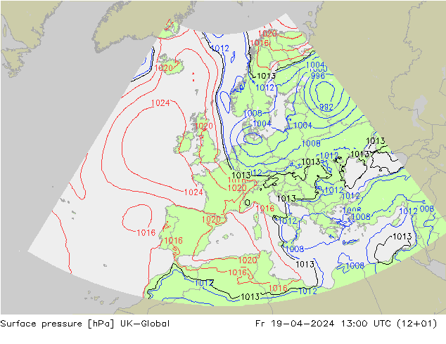 Pressione al suolo UK-Global ven 19.04.2024 13 UTC