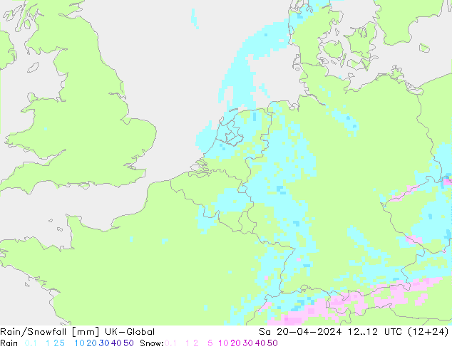Rain/Snowfall UK-Global so. 20.04.2024 12 UTC
