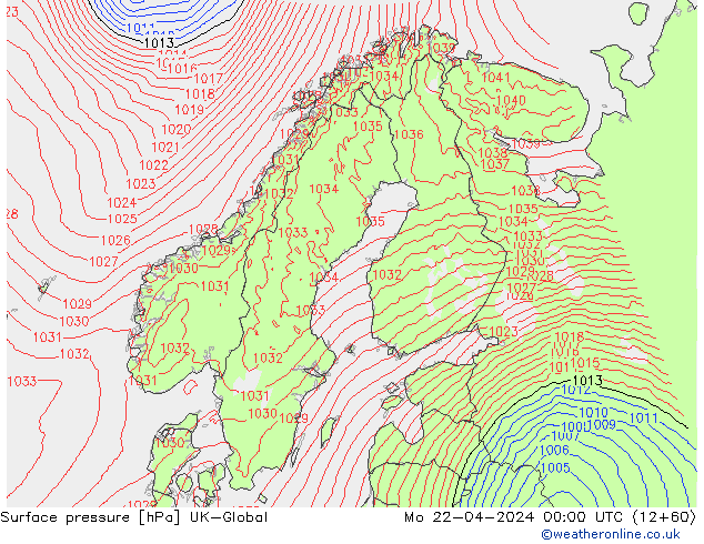 Atmosférický tlak UK-Global Po 22.04.2024 00 UTC