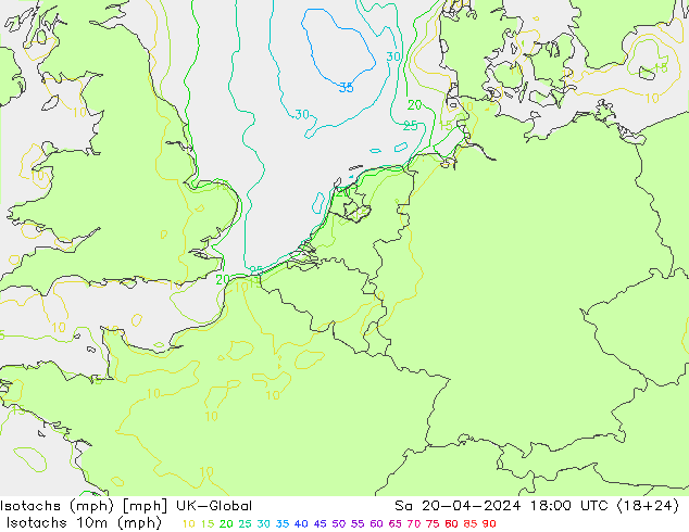 Isotachs (mph) UK-Global sab 20.04.2024 18 UTC