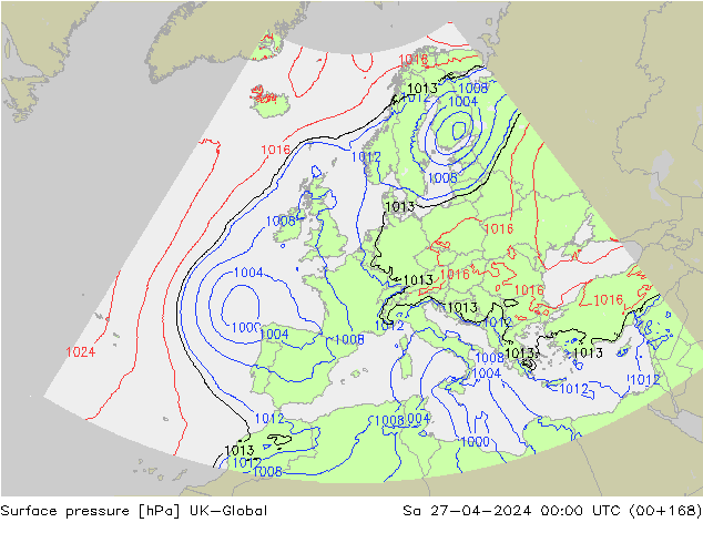 Pressione al suolo UK-Global sab 27.04.2024 00 UTC