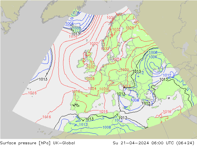 Pressione al suolo UK-Global dom 21.04.2024 06 UTC
