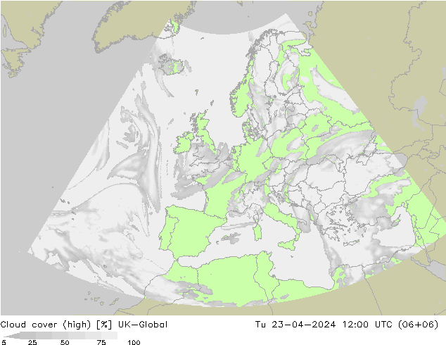 Cloud cover (high) UK-Global Tu 23.04.2024 12 UTC