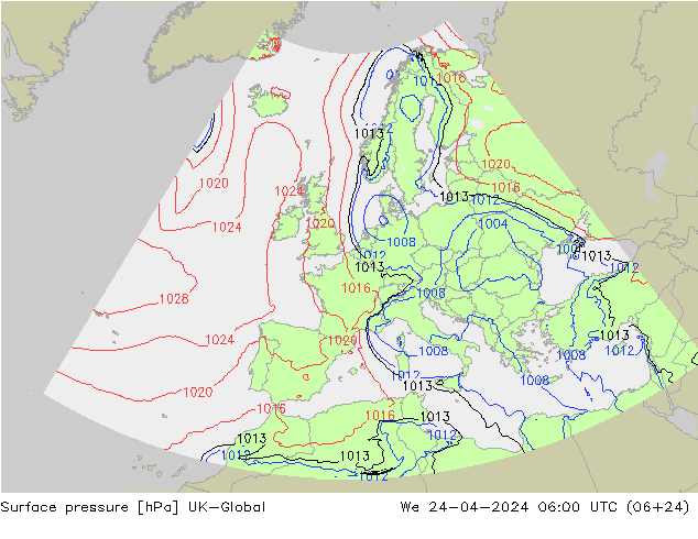 Surface pressure UK-Global We 24.04.2024 06 UTC
