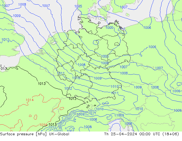 Atmosférický tlak UK-Global Čt 25.04.2024 00 UTC