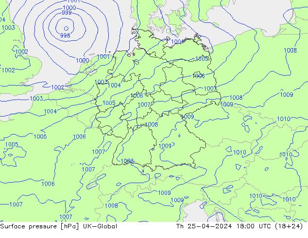 Pressione al suolo UK-Global gio 25.04.2024 18 UTC